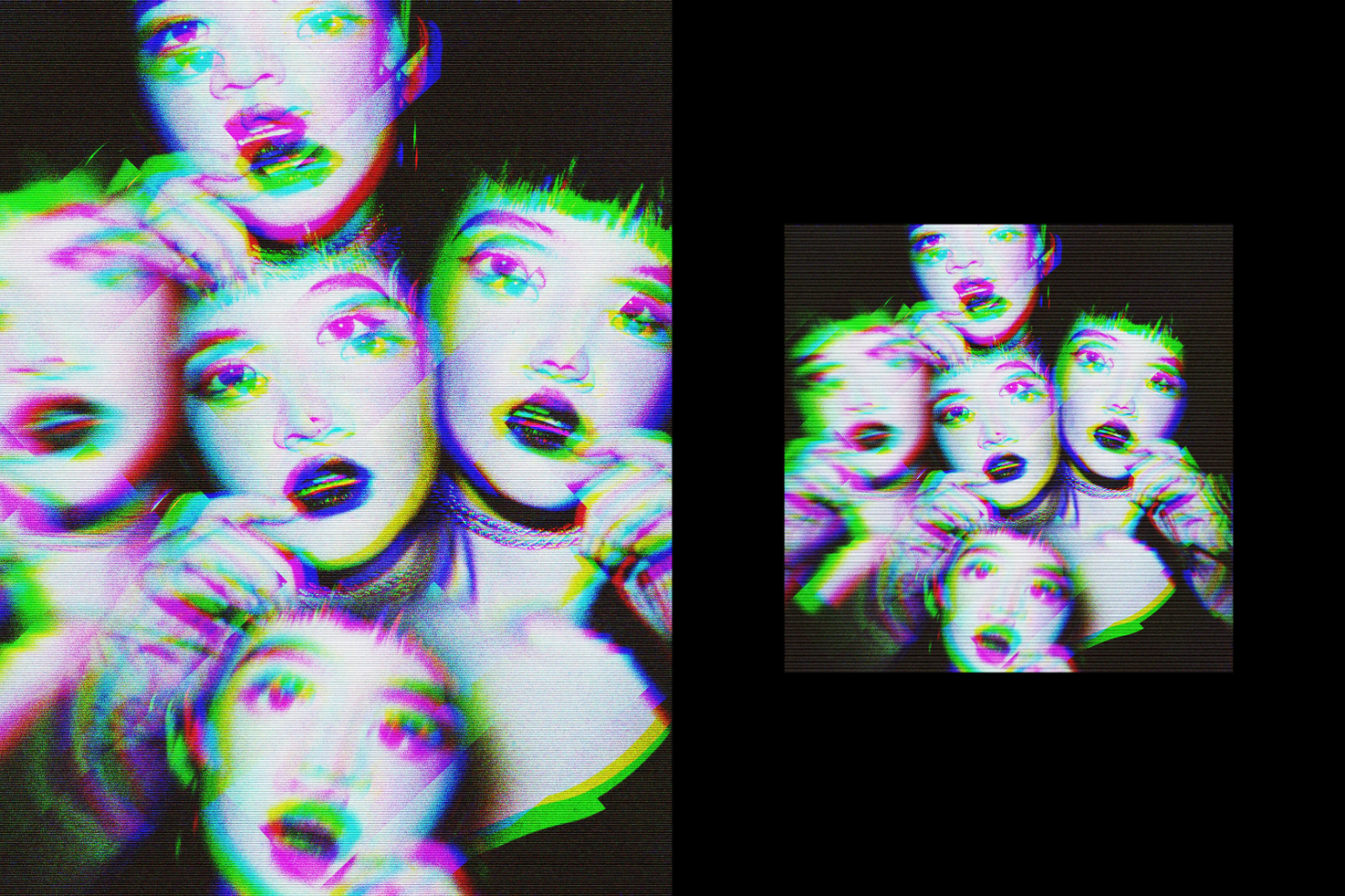 Glitch effect graphic design featuring multiple overlayed faces. Neon colors and distorted visuals. Suitable for graphic design templates and digital art mockups.