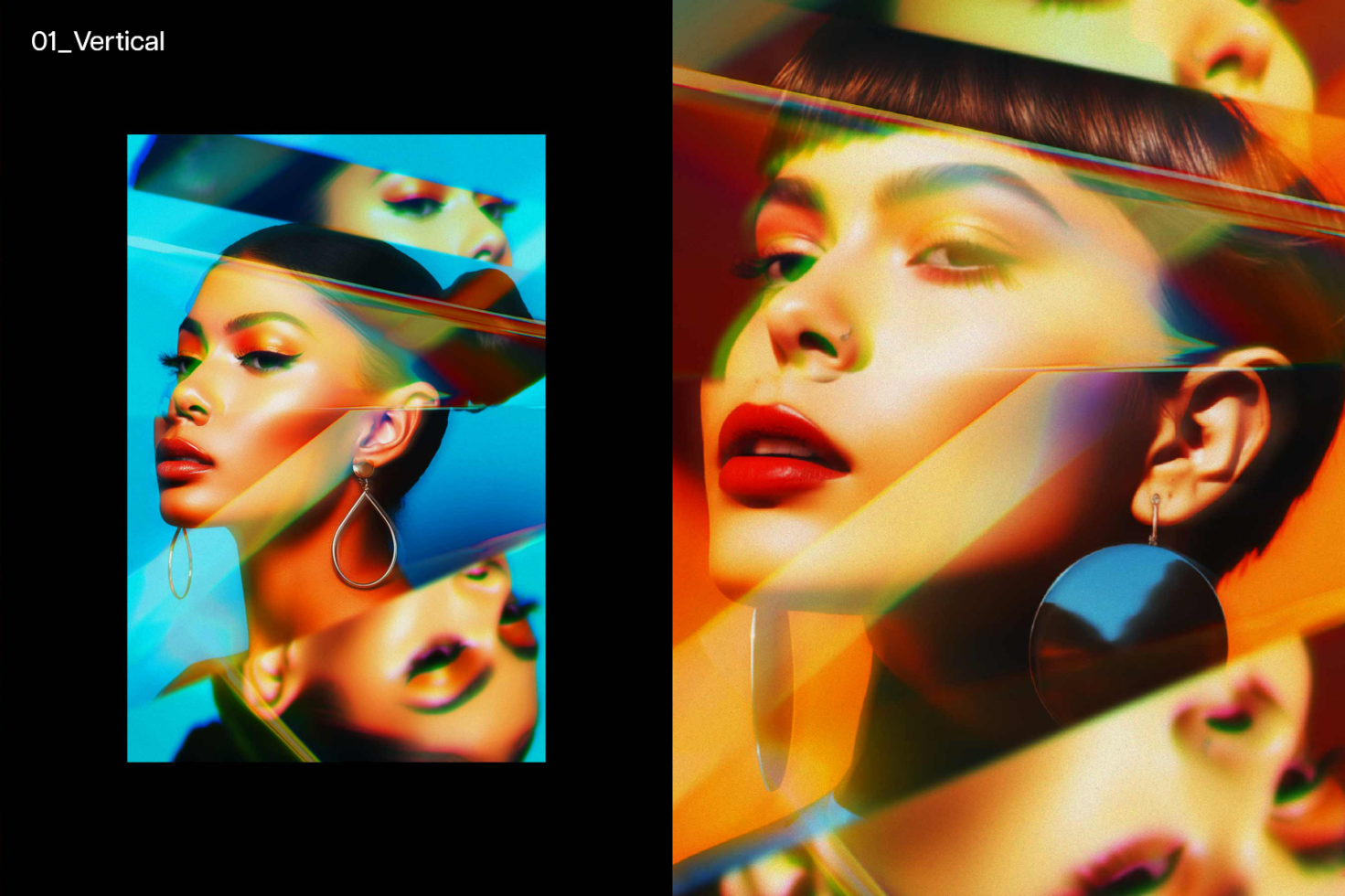 Glitch effect mockup featuring vibrant portraits of a woman with colorful overlay distortions suitable for graphic designers digital assets marketplace templates