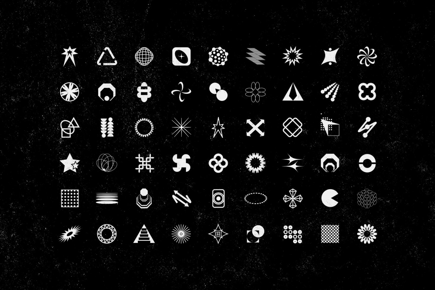 Collection of 60 abstract graphic elements and shapes in white on a black grunge background ideal for designers working on logos icons templates illustrations.