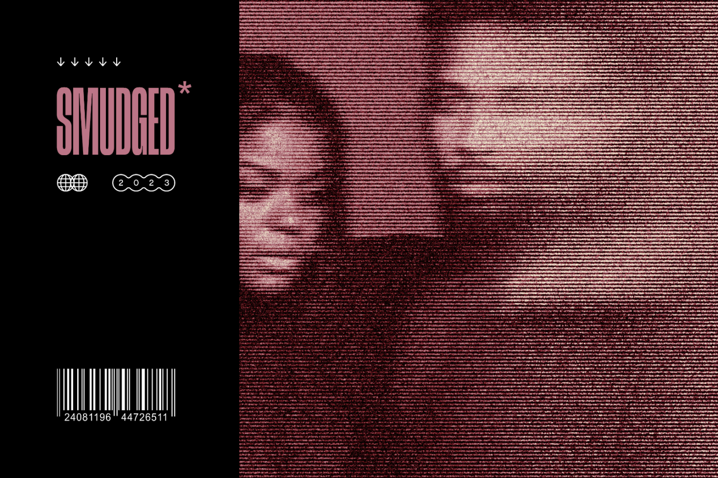 Digital asset cover titled Smudged featuring a pixelated image of a couple with a barcode. Keywords: digital cover, pixelated image, designers, digital assets, 2023.