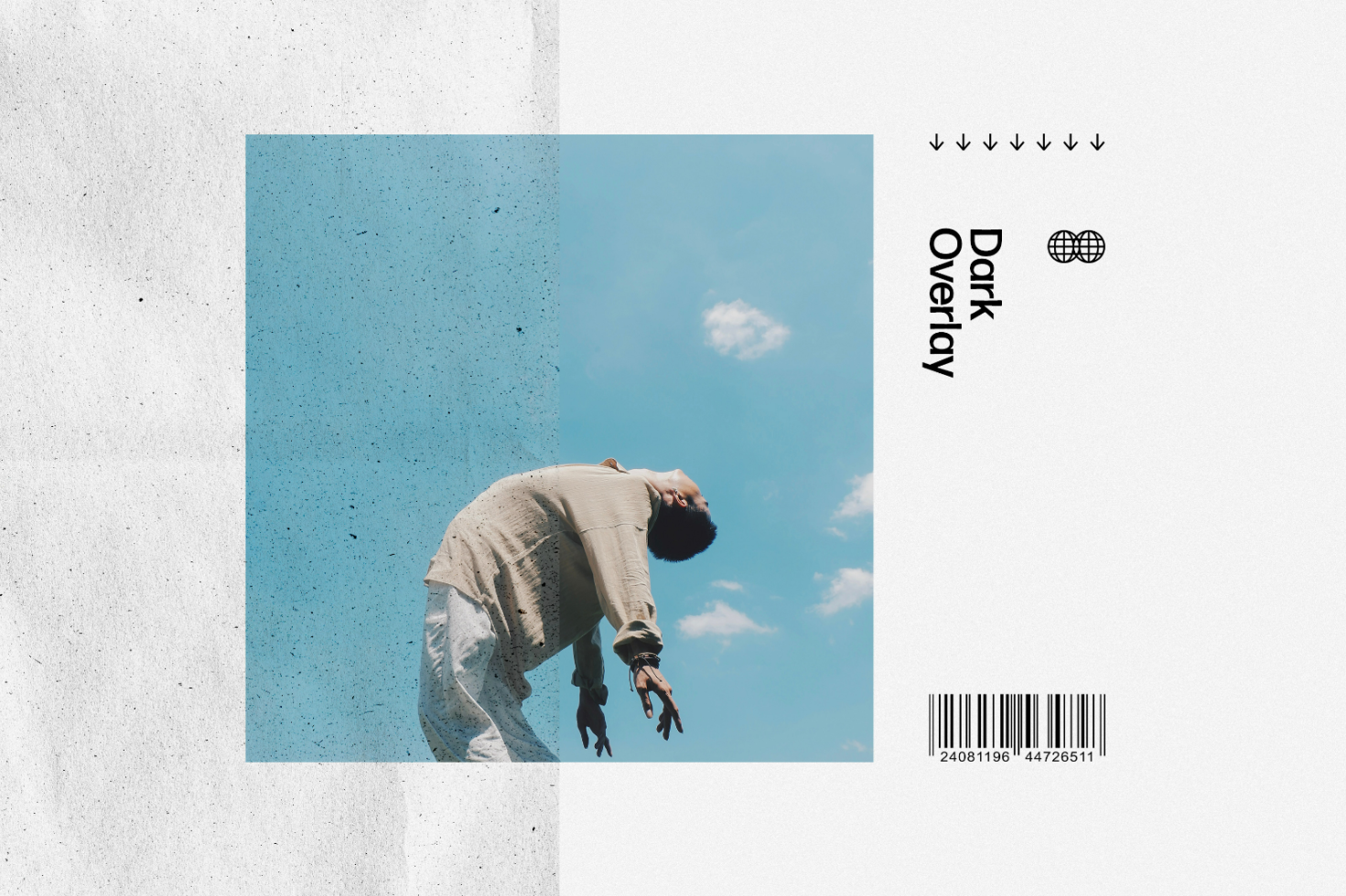 Mockup featuring a person leaning backwards with a cloudy sky background. Includes black speckle texture and minimalist barcode design. Perfect for overlays.