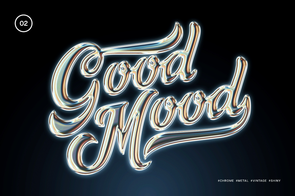 Digital asset for designers featuring a shiny chrome metal font spelling Good Mood on a dark background keyword chrome metal vintage shiny fonts.