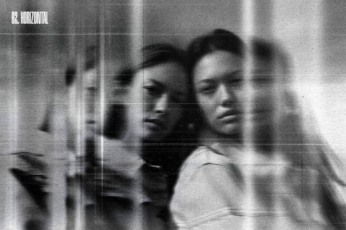 Grainy black and white image with blurred reflections of two people. Suitable for designers. Keywords: mockup background, vintage texture, graphic design element.