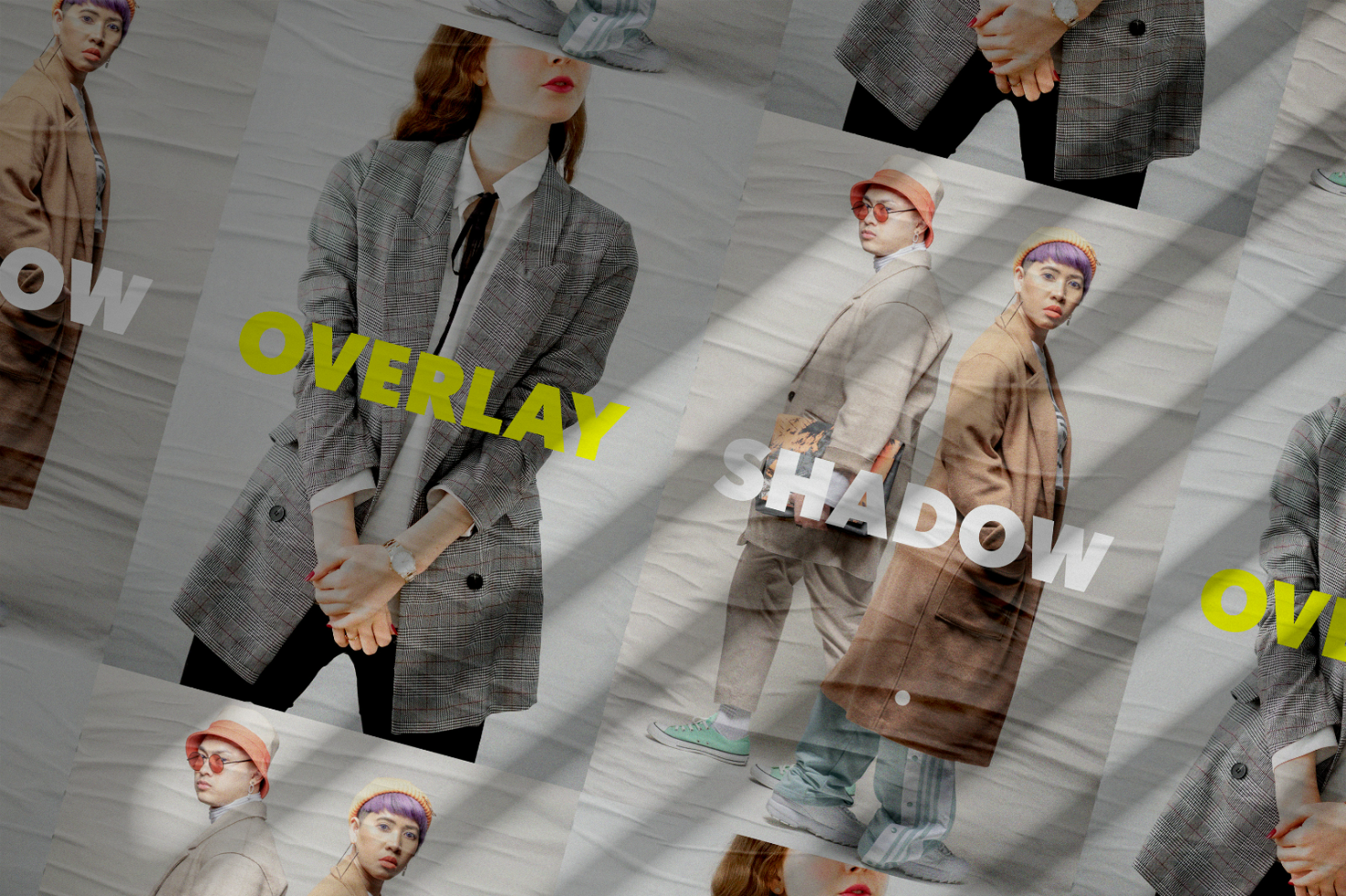 Fashion mockup featuring models in stylish outfits with overlay shadows perfect for designers. Ideal for showcasing apparel designs and creating realistic previews.