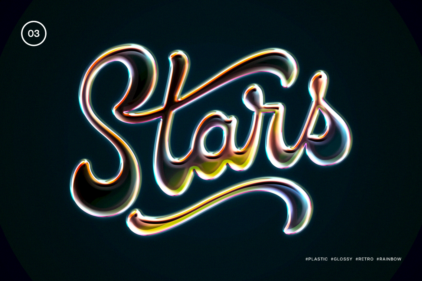 Glossy retro rainbow plastic text effect reading Stars with vibrant colors on dark background. High-quality graphic asset for designers.