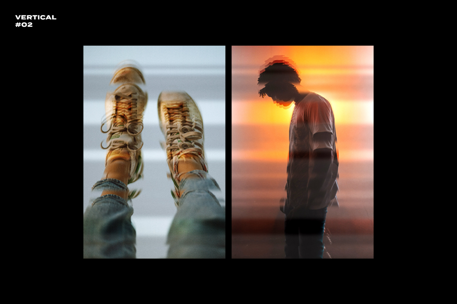 Blurry double exposure image: left side shows legs and boots seen from above, right side depicts a pensive person against a sunset. Great for graphics or templates.