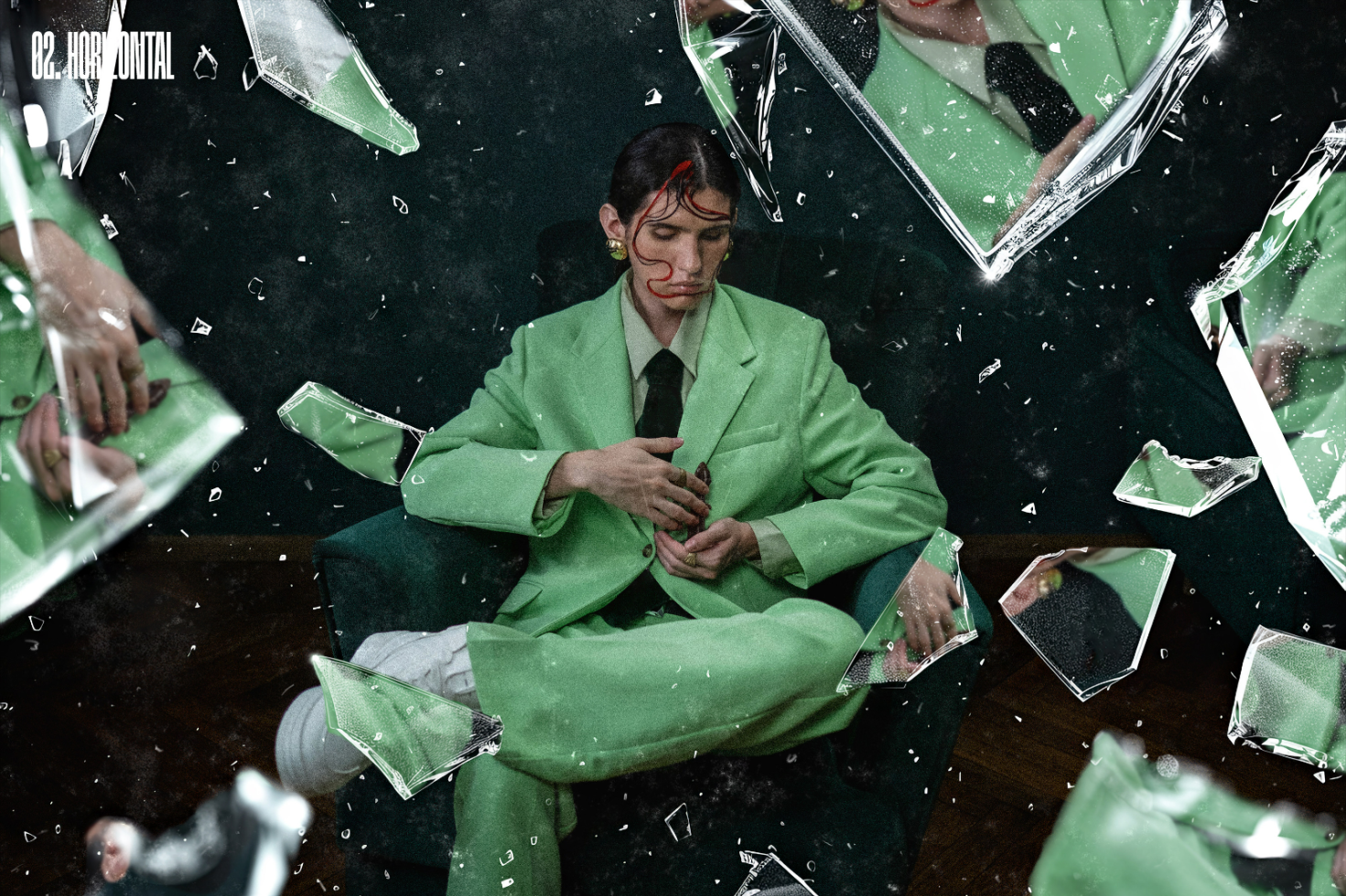 Edgy digital graphic of a person in a green suit surrounded by shattered glass concept art suitable for mockups templates for designers background.