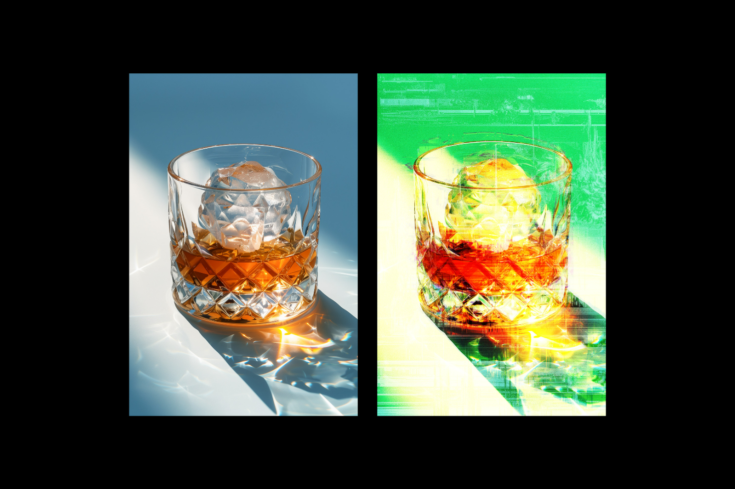 Whiskey mockup showing crystal glass with ice sphere, one image in natural light, other in a glitch effect, ideal for design presentations, digital assets.