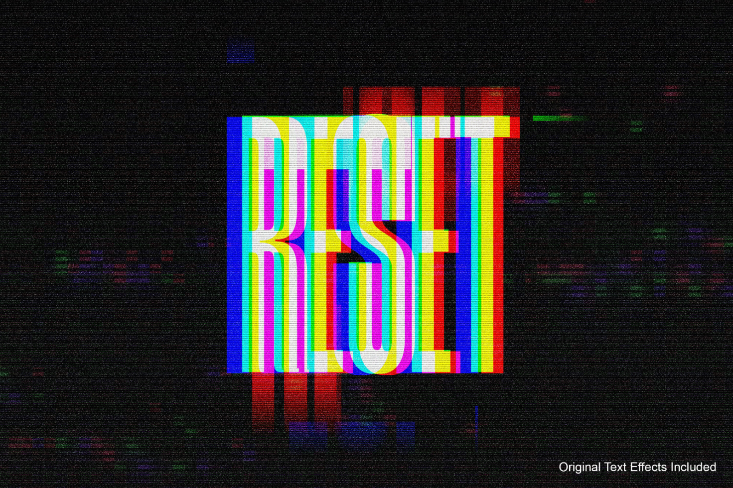 Colorful digital glitch text effect reading RESET on black background suitable for designers and digital assets in graphics mockups templates typography.