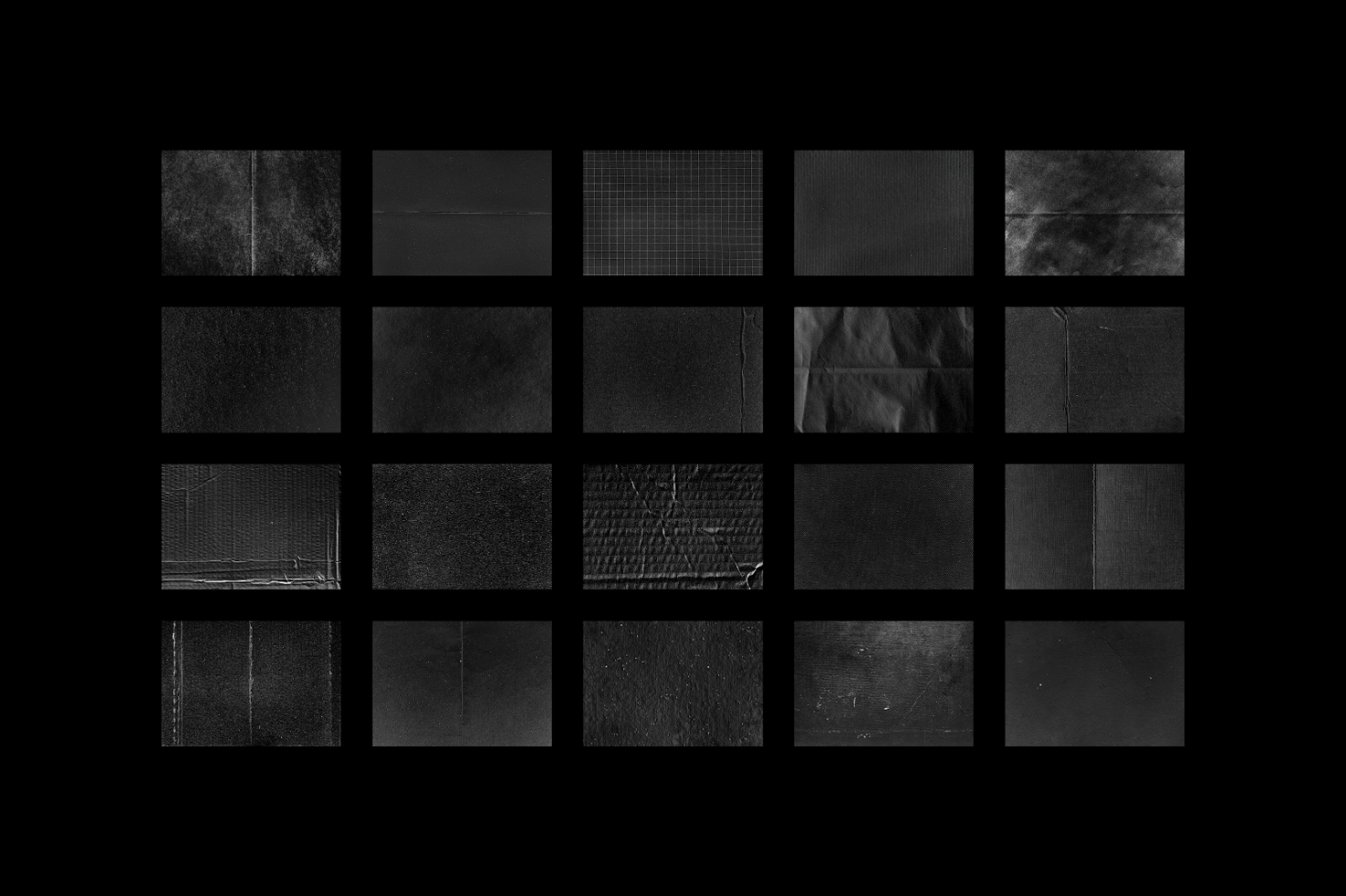 A set of 20 black texture backgrounds with various patterns and surfaces. Suitable for use in graphic design, mockups, and templates. Perfect for designers.