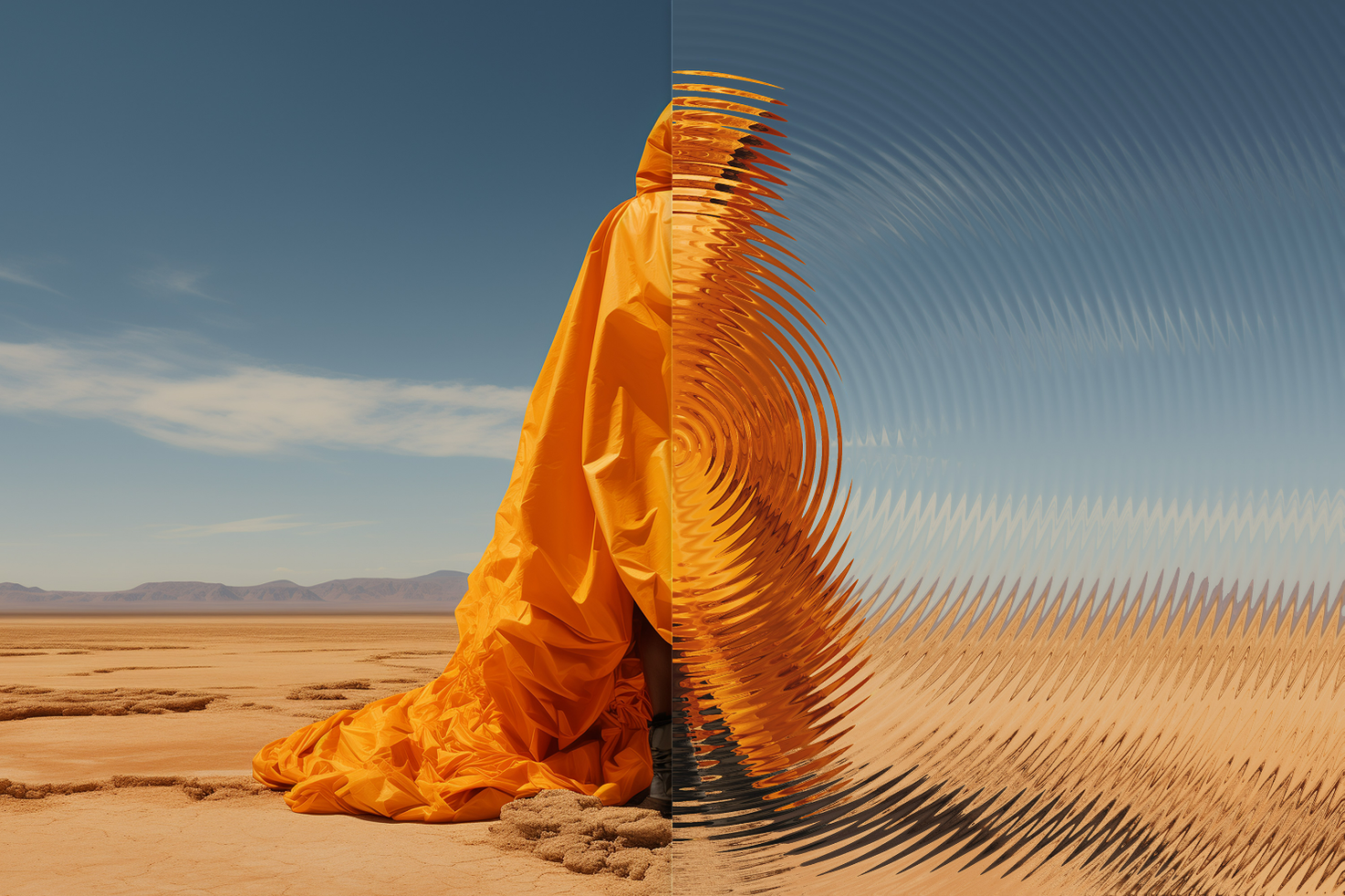 Image of a person draped in orange fabric standing in a desert with a distorted reflection effect, suitable for graphic design mockups and templates.