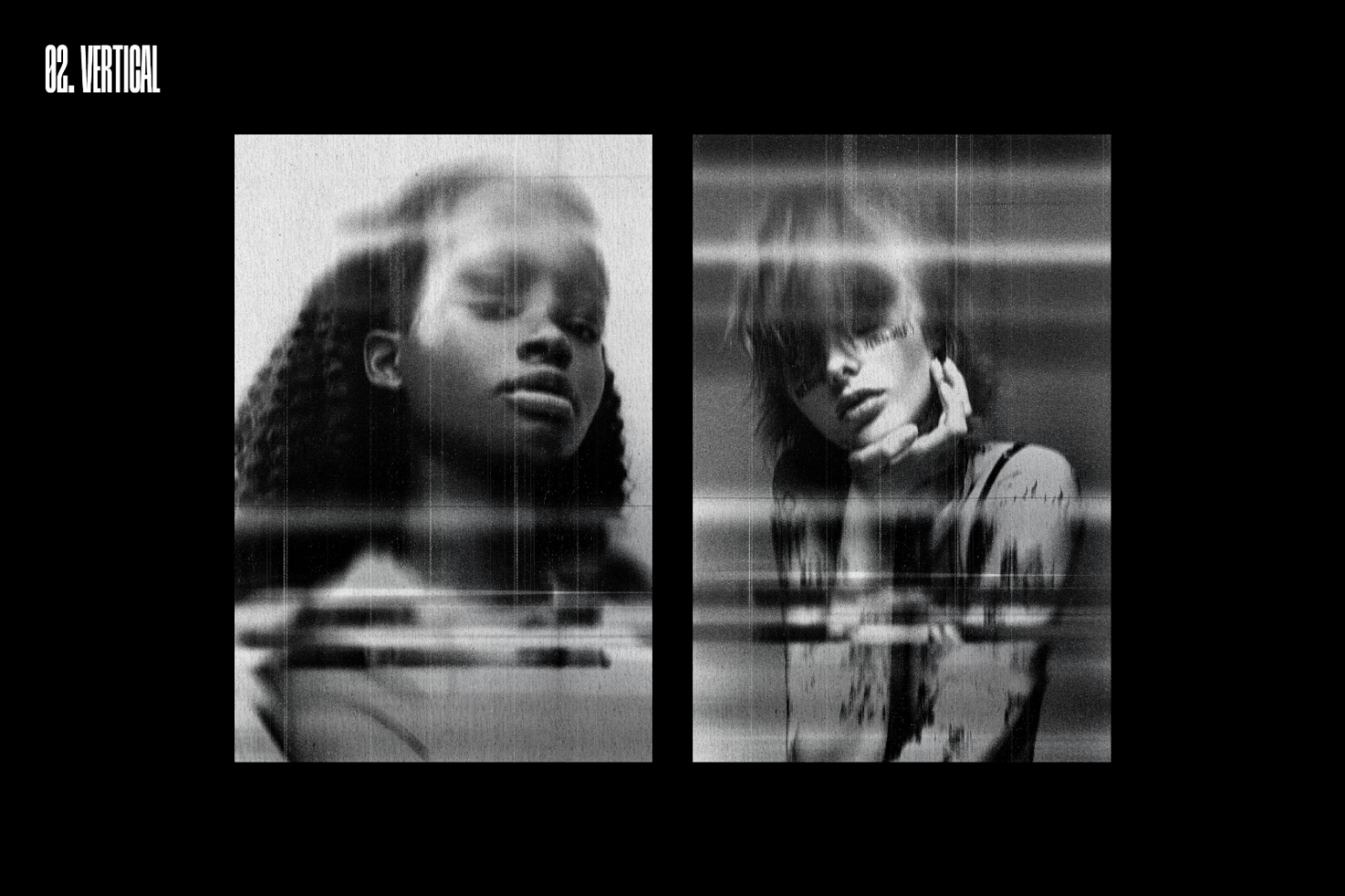 Black and white glitch effect photo template featuring two vertical portraits, ideal for digital design, graphic projects, and creative photo edits.