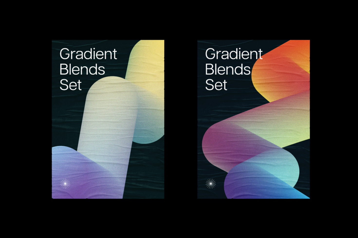 Gradient Blends Set posters featuring colorful gradient graphics on a dark textured background, perfect for designers looking for vibrant templates and graphics.