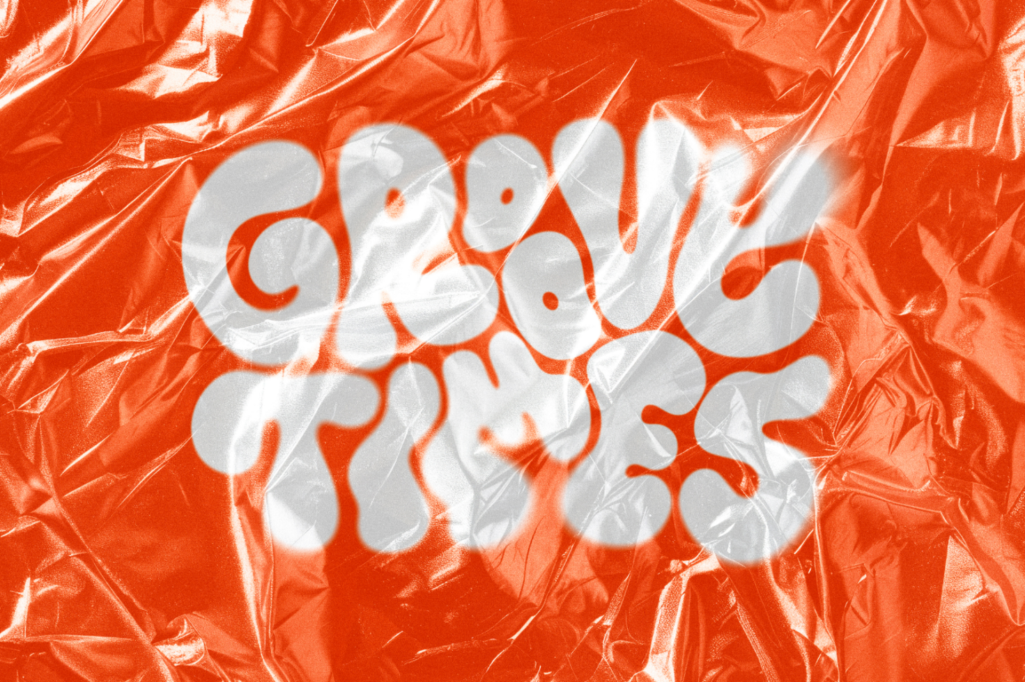 Retro bubble font design saying groovy times with a bold white color on an orange crumpled foil texture background perfect for templates and graphics