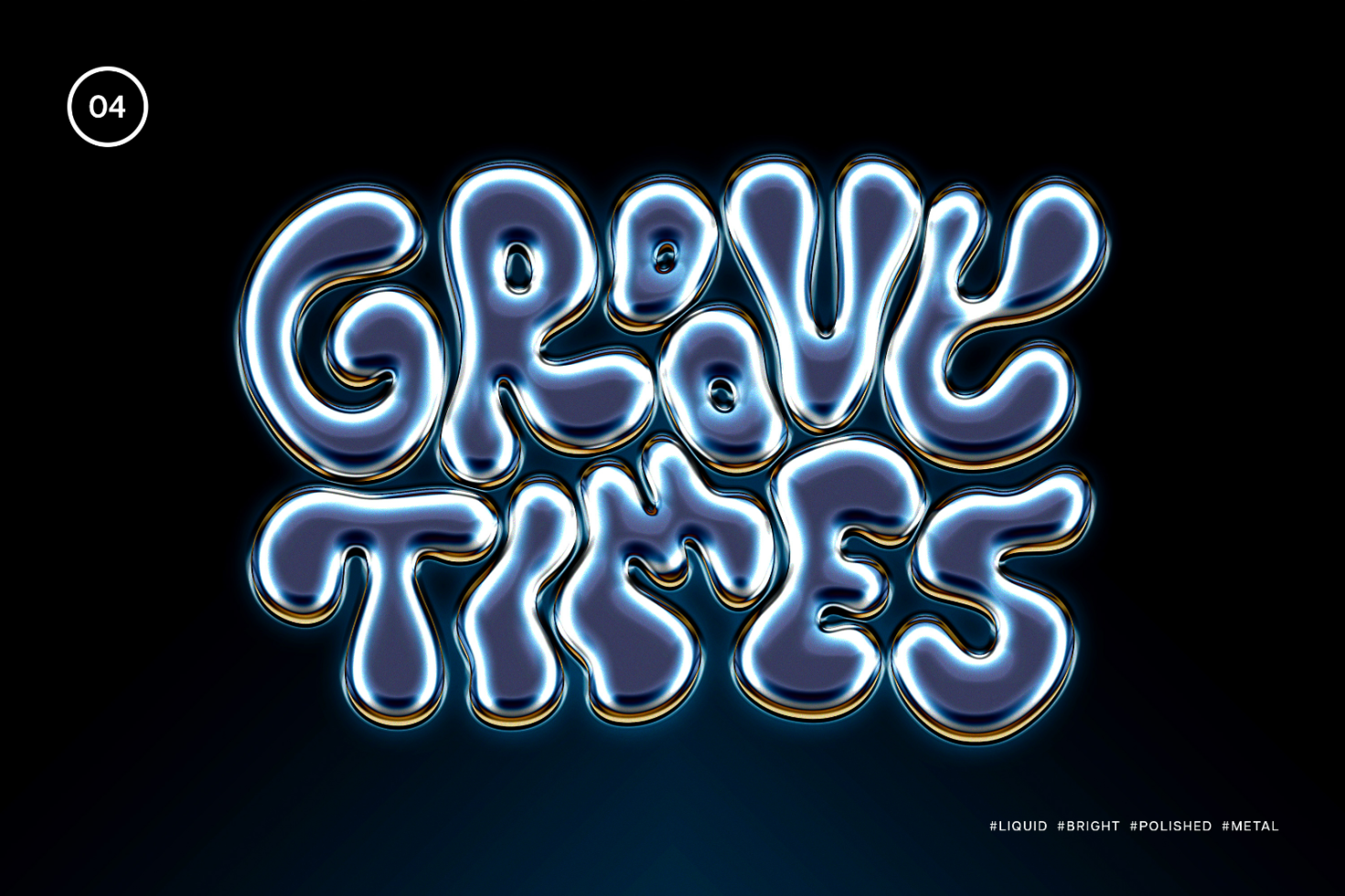 Liquid chrome balloon font reading Groovy Times polished metal effect bright shiny reflective letters on a black backdrop suitable for graphic design projects