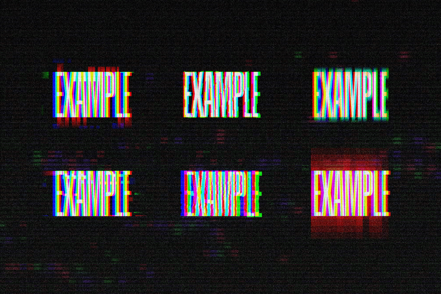 Glitch text effect mockup for designers. Six examples of RGB glitch styles on dark background. Perfect for digital media, branding, and graphic design projects.