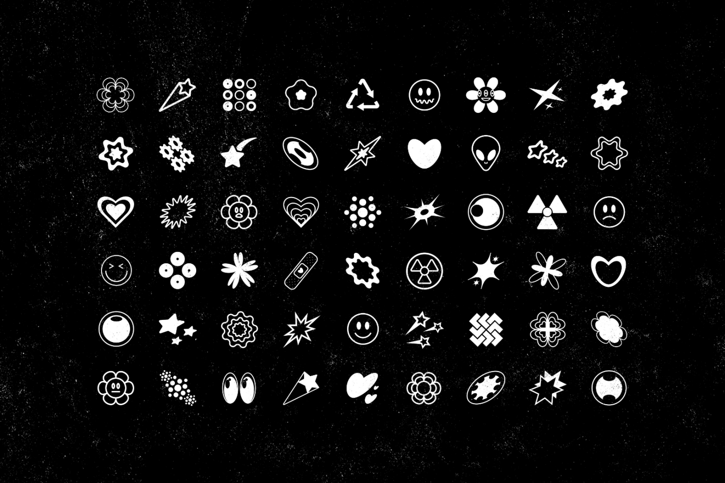 Black background with various white graphic icons including hearts, flowers, stars, smilies, and geometric shapes. Perfect for designers and graphic projects.