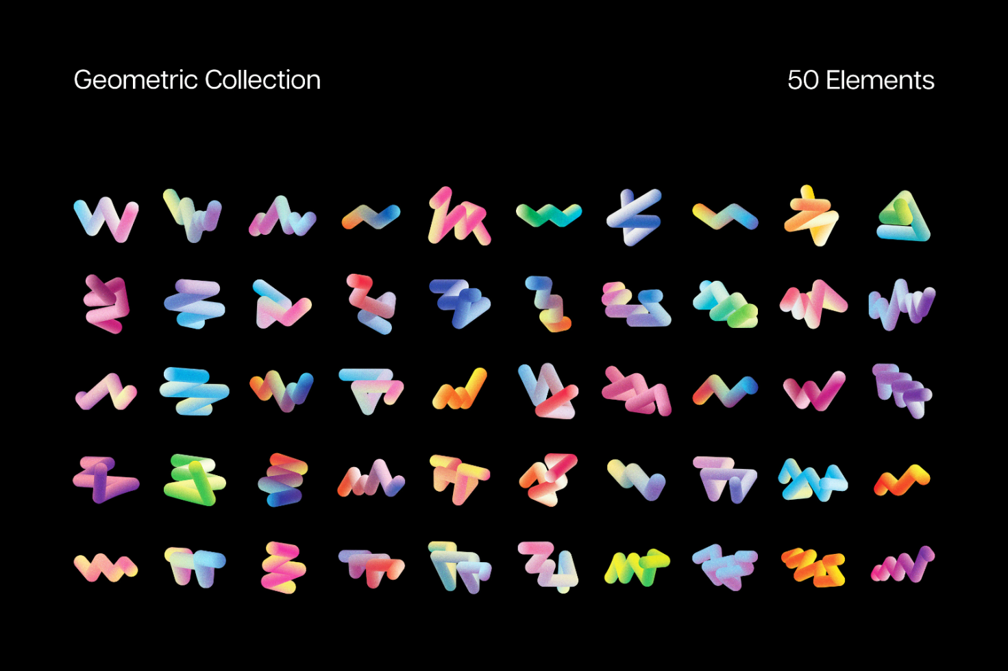 Geometric Collection of 50 vibrant colorful abstract shapes for graphic design. Ideal for designers seeking creative assets, perfect for digital templates.