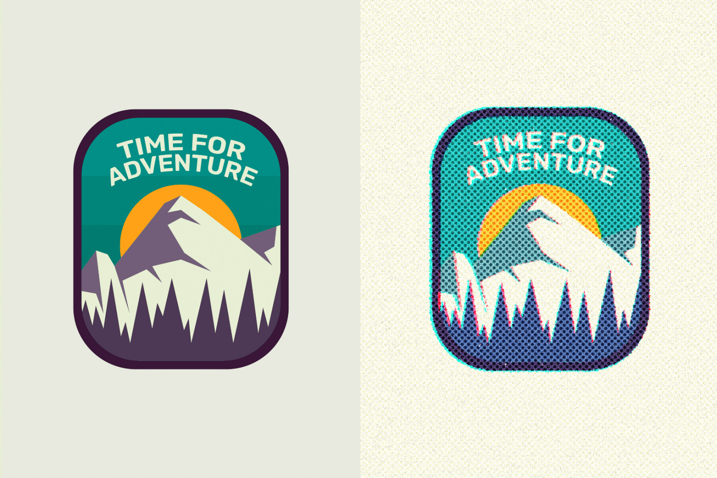 Two Time for Adventure badge graphics, one in flat design and the other in a halftone style. Perfect for graphic design projects. Ideal for designers.