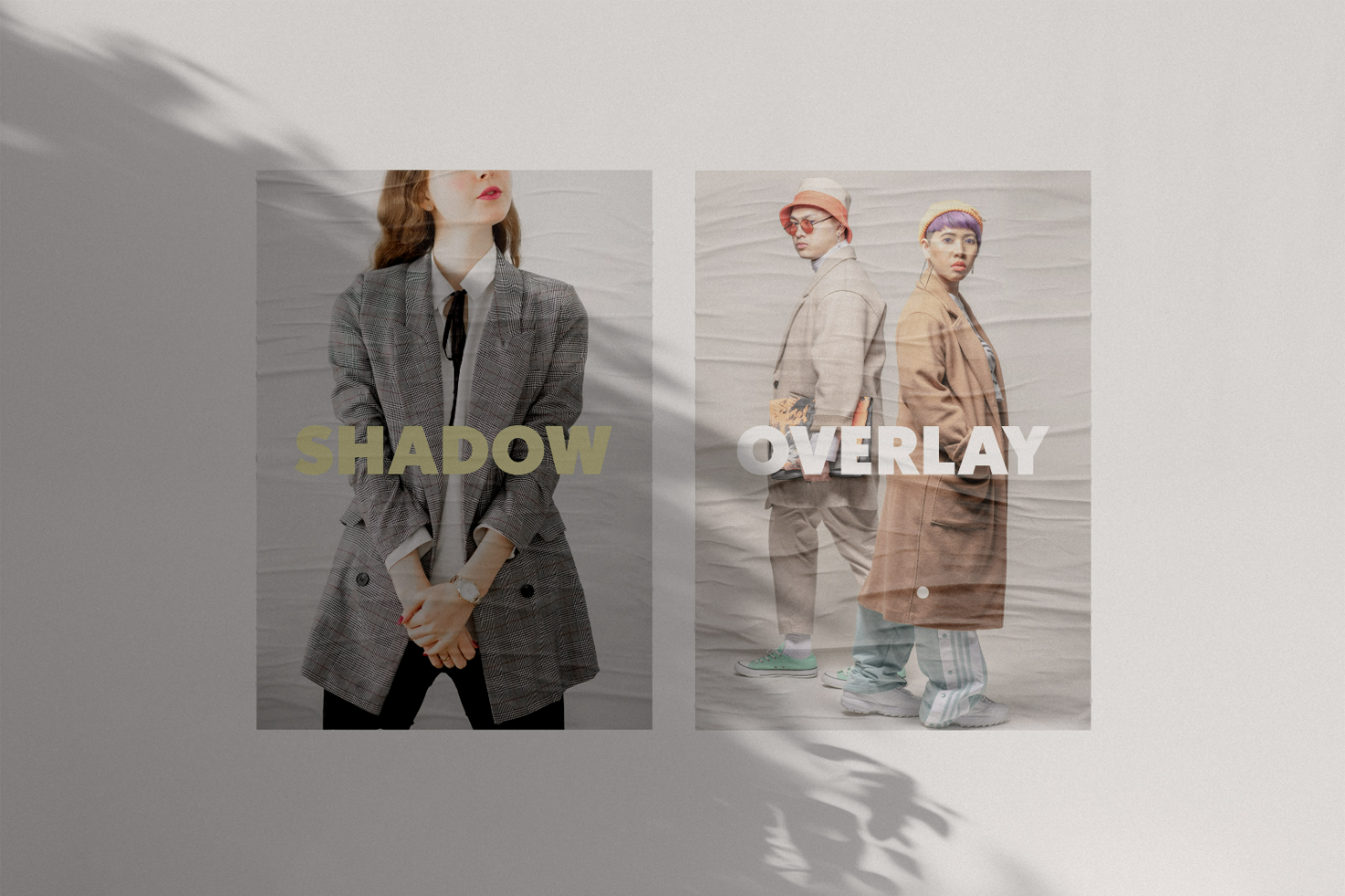 Fashion poster mockup for designers showcasing shadow and overlay effects with models wearing stylish outfits. Ideal for digital assets and design templates.