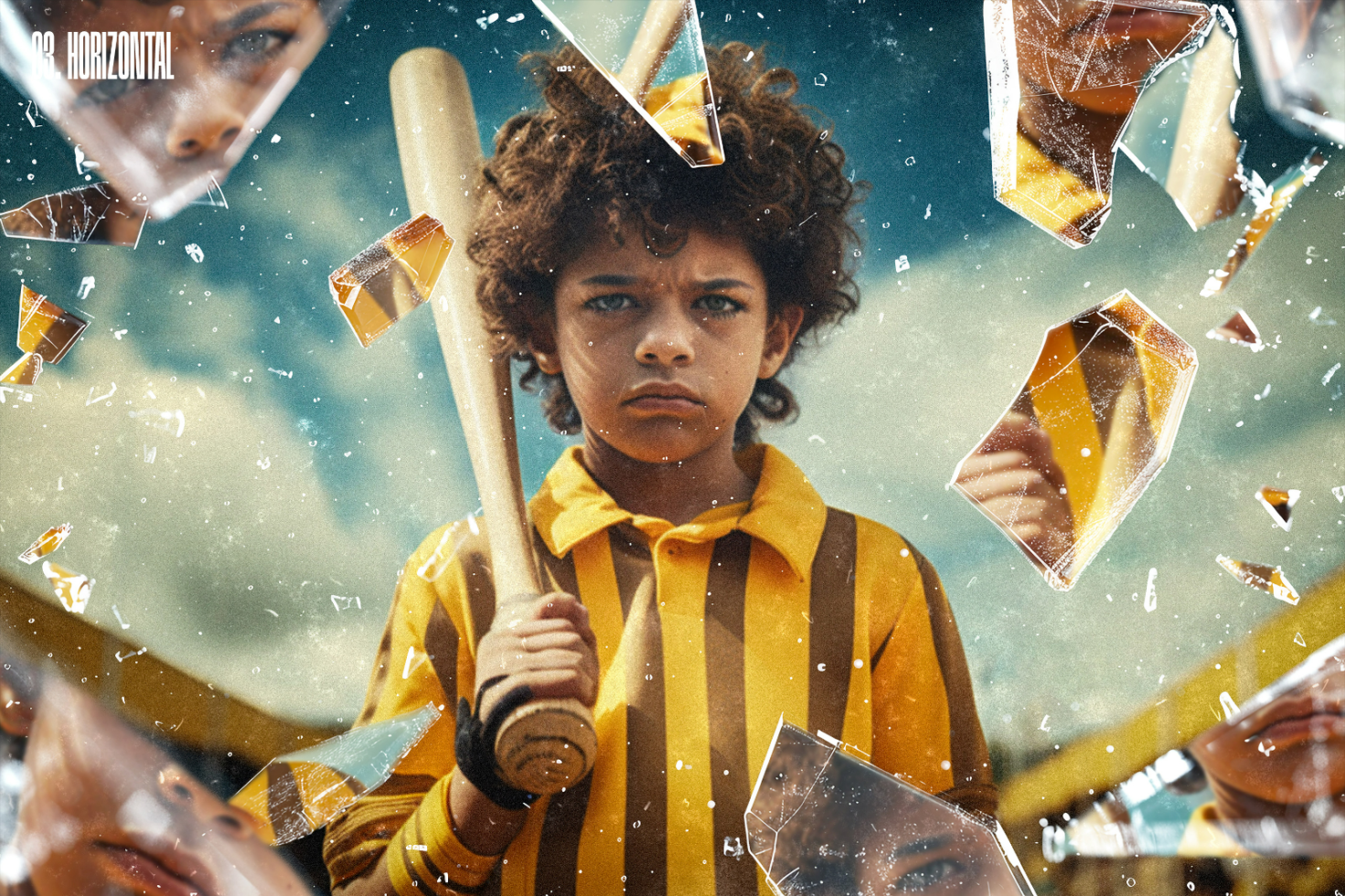 Artistic baseball-themed graphic for designers featuring a determined child in a yellow striped uniform holding a bat with shattering glass effect.