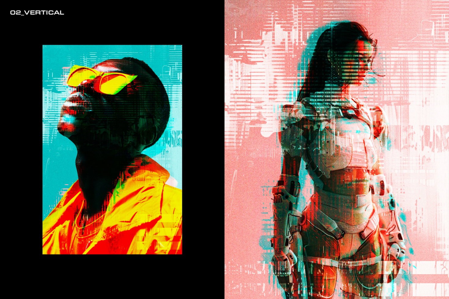 Futuristic digital artwork dual image neon colors glitch effects vibrant design elements suitable for mockups, posters, templates in graphic design projects