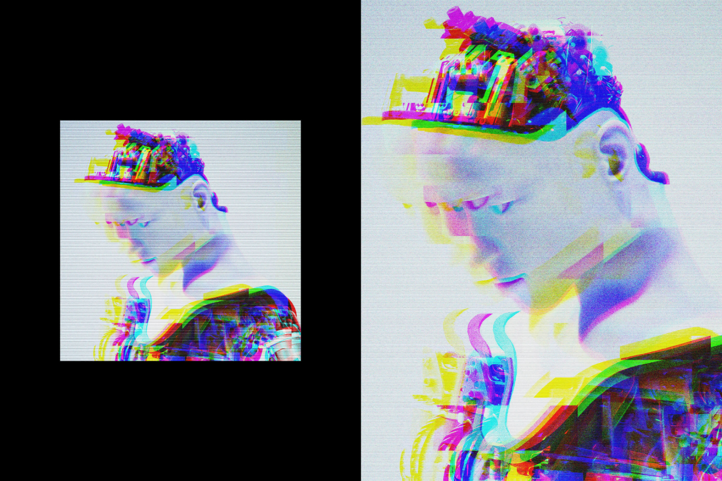 Glitch effect digital art of a humanoid figure with vibrant colors and distorted visuals. Perfect for designers seeking abstract graphics for creative projects.