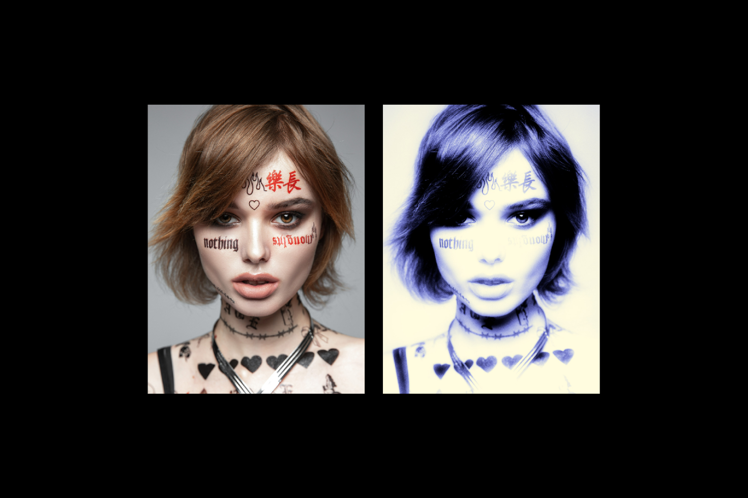 Side-by-side portraits showcasing a woman with facial tattoos. One is a natural look, the other high-contrast. Keywords: photo edits, design, graphics, mockup.