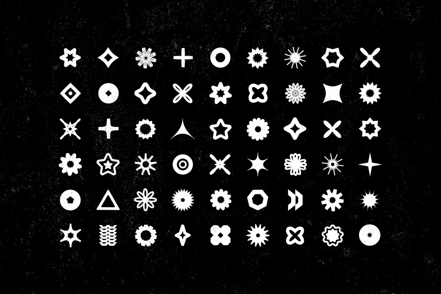 White geometric symbols on a black grunge background. Suitable for graphic design templates, icon design, graphic elements, and asset collections for designers.