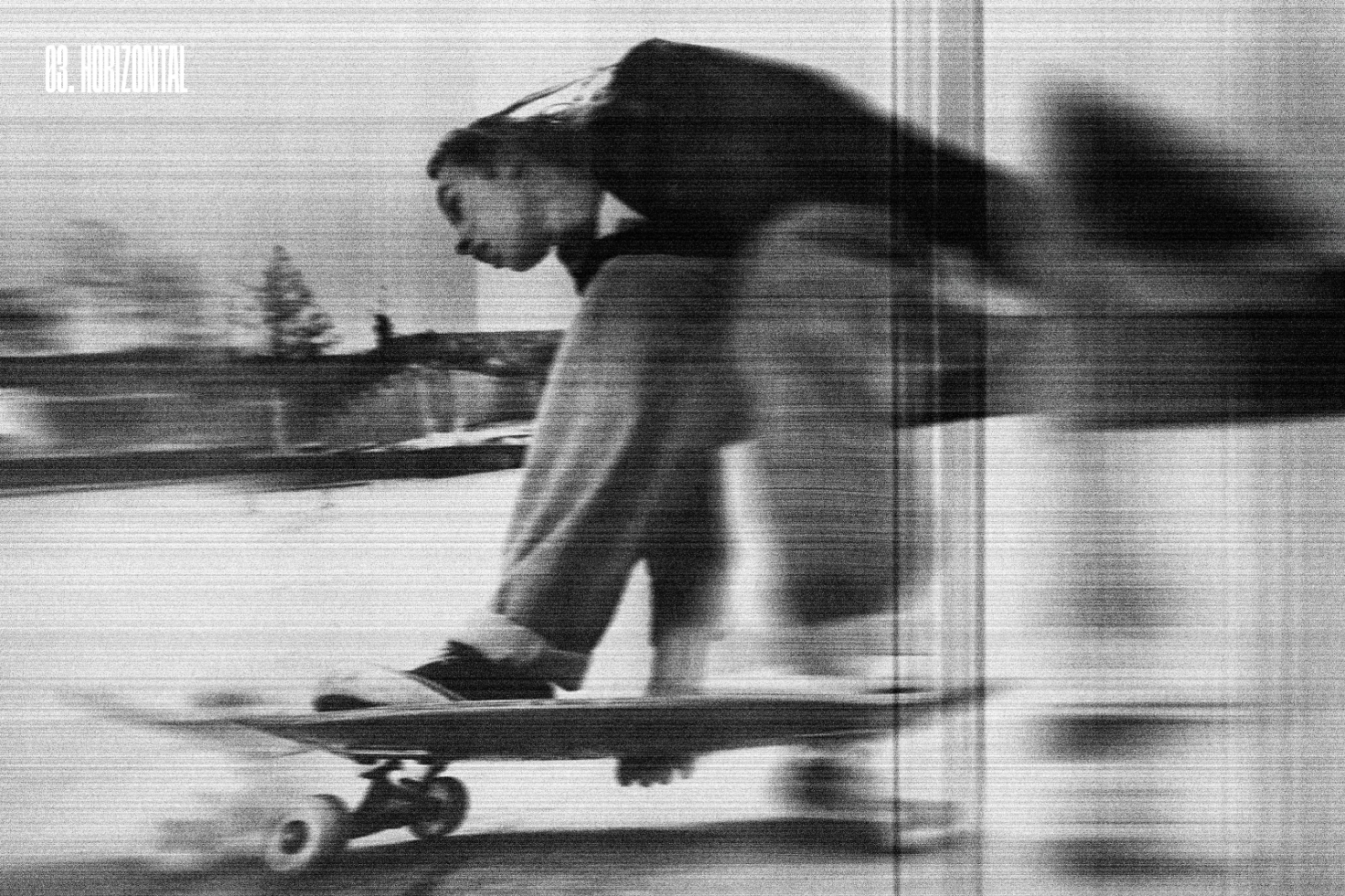 Black and white photo of a skateboarder in motion, representing urban street style. Perfect for graphic design projects, backgrounds, and templates.