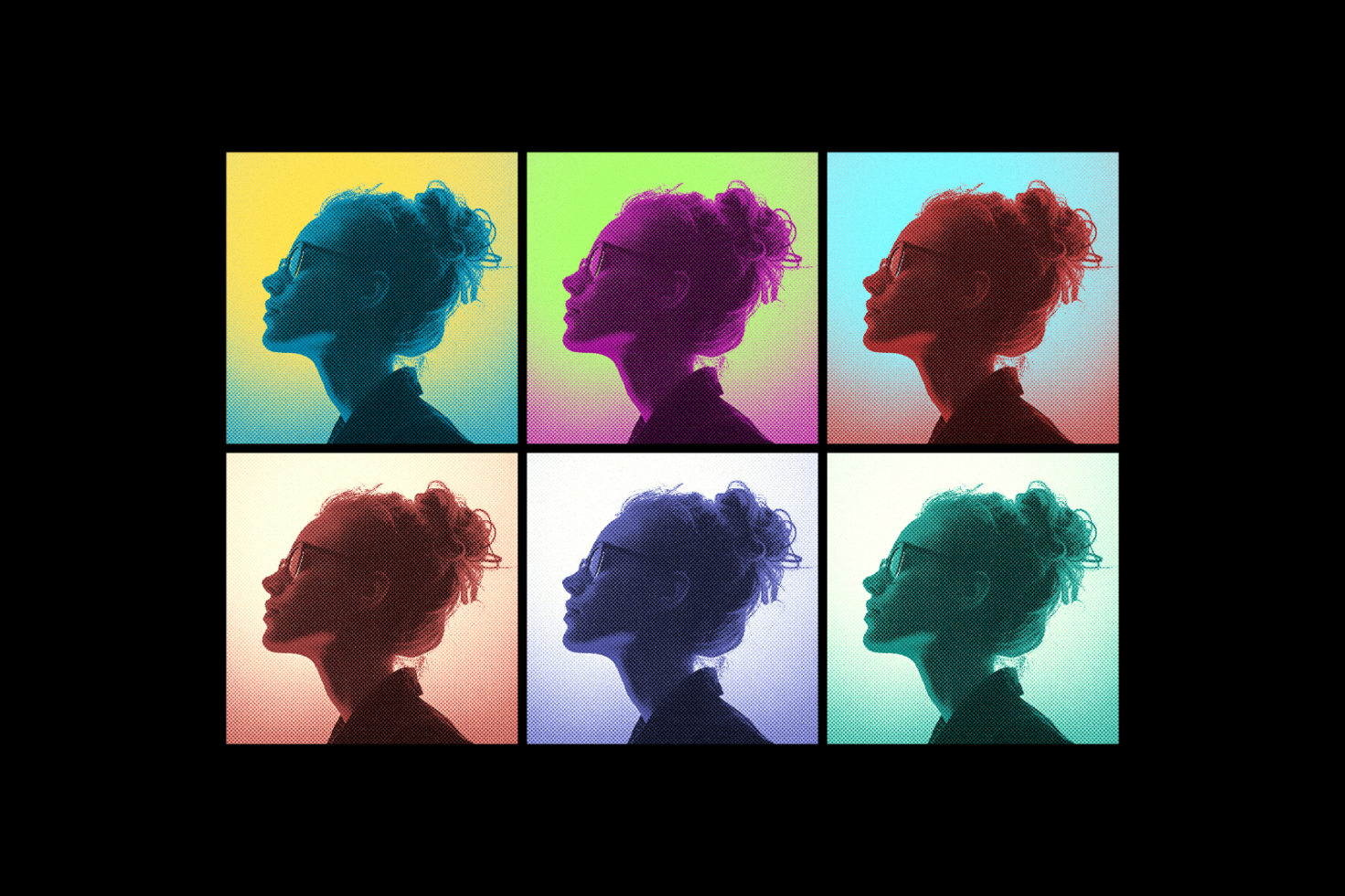 Pop art style varying color silhouettes woman profile. Vibrant retro digital template. Perfect for graphic designers, modern posters, creative projects.