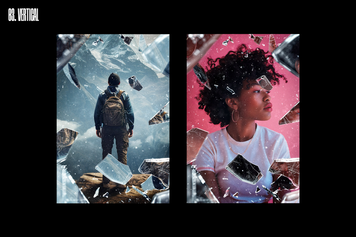 Vertical digital poster mockups featuring shattered glass effects with a hiker on a mountain and a woman in a pink setting Keywords digital assets templates