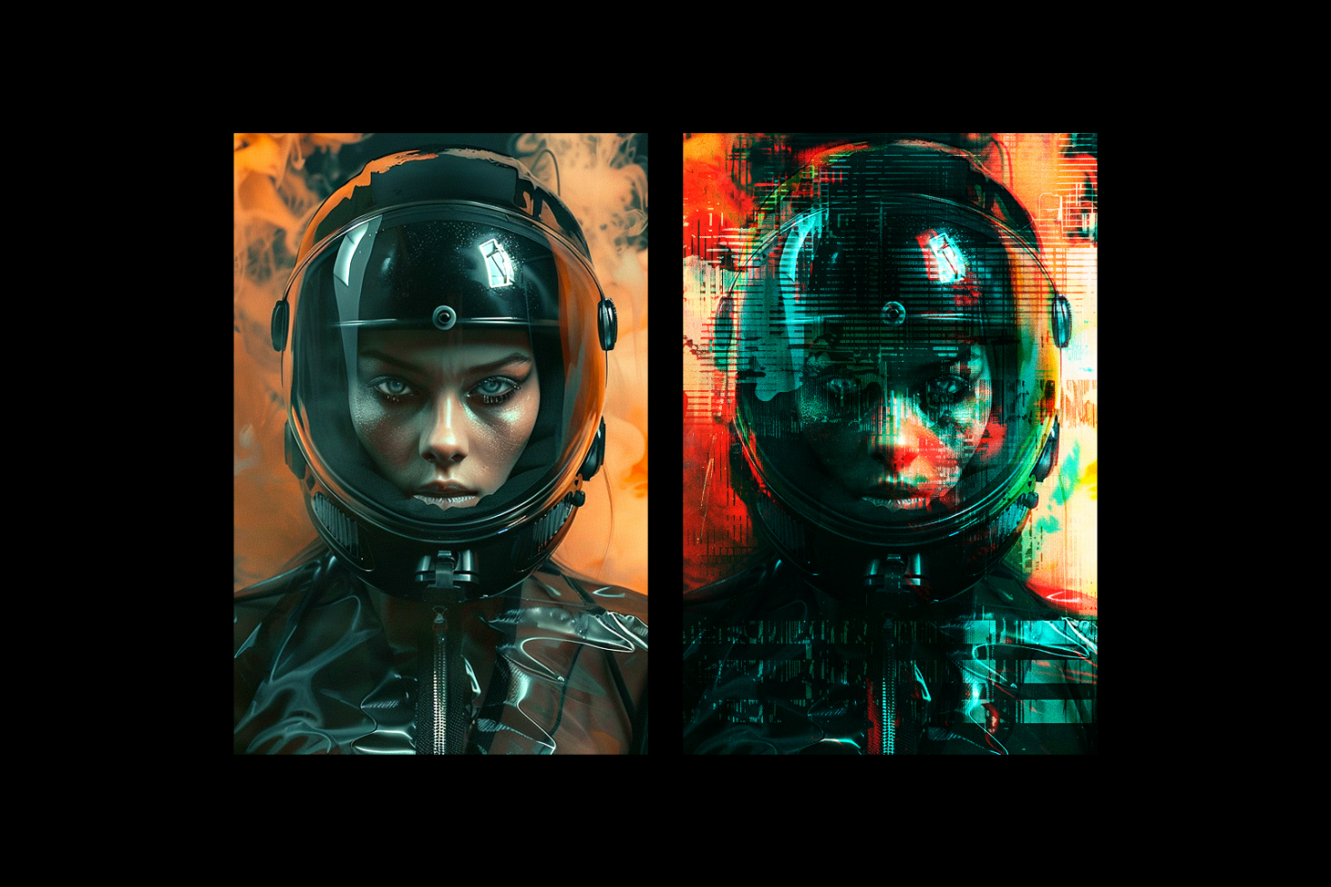 Two futuristic portraits of a woman in a sci-fi space helmet. Ideal for graphic designers seeking high-quality digital art for mockups and templates.