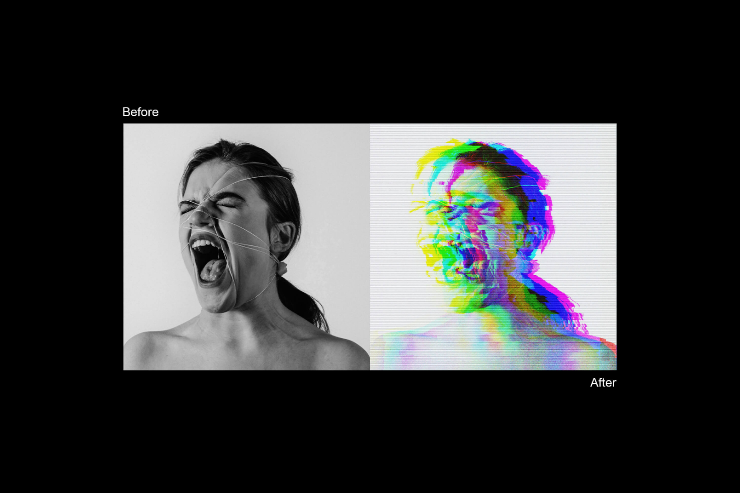 Before and after photo editing showcasing distorted colorful glitch effect on a black and white portrait giraphics digital asset perfect for designers.