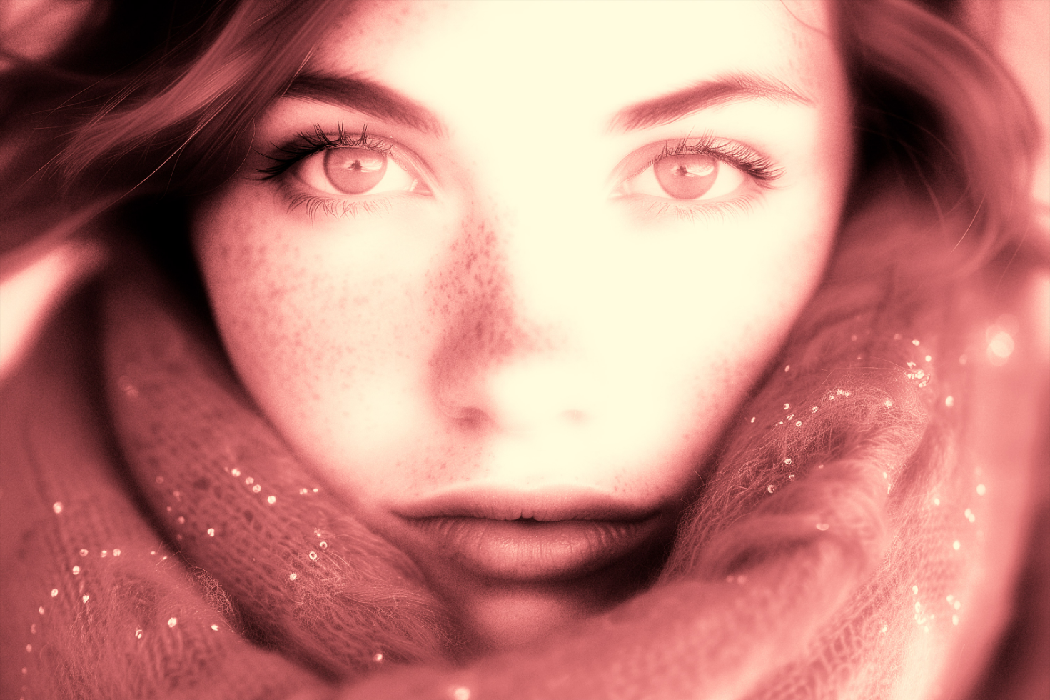 Close-up portrait of person with freckled face, wrapped in woolen scarf. Great for designers creating mockups, templates, or graphic design assets.