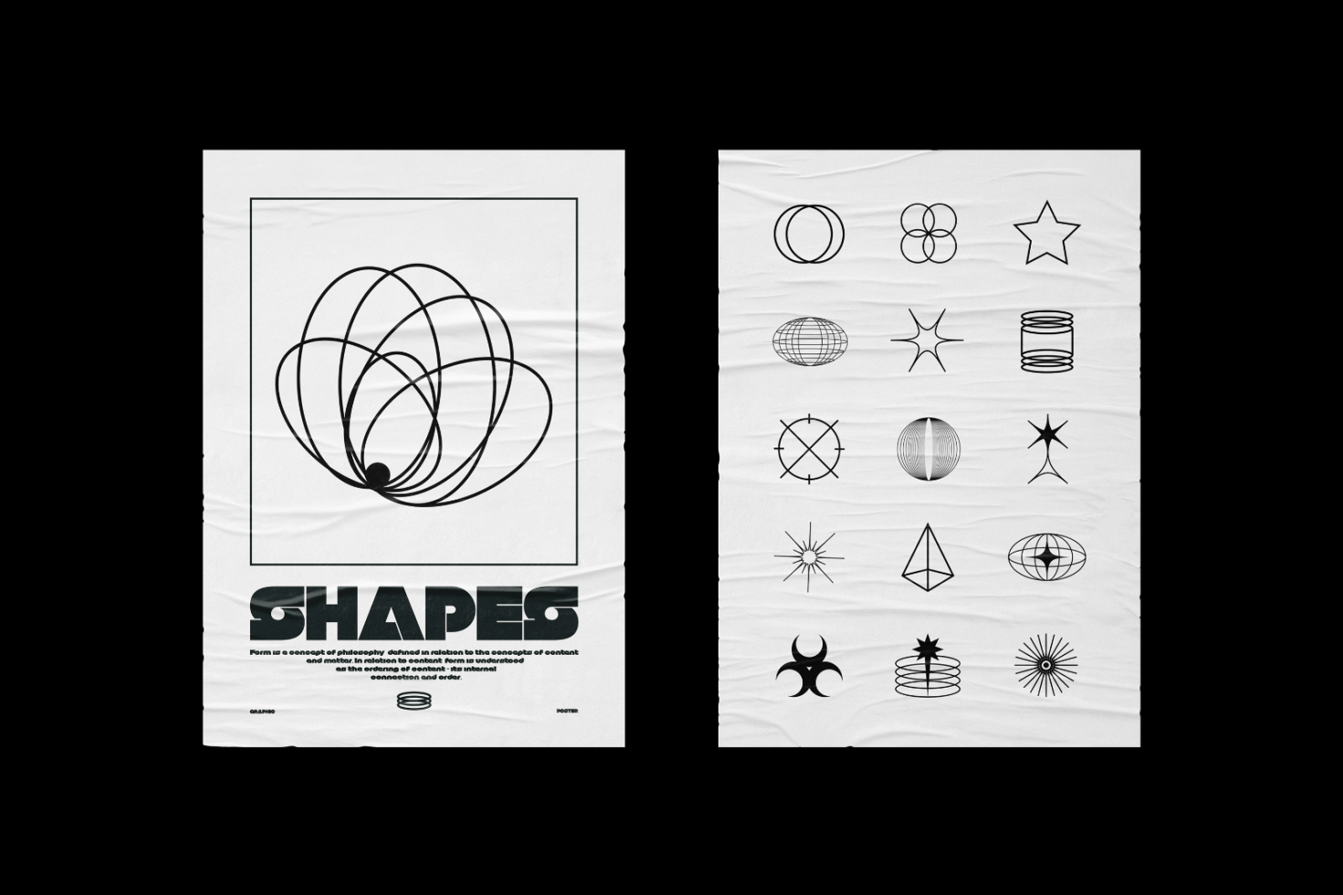 Set of black geometric shapes and abstract line art designs on crumpled white background. Perfect for graphic templates, posters, digital assets, design mockups.