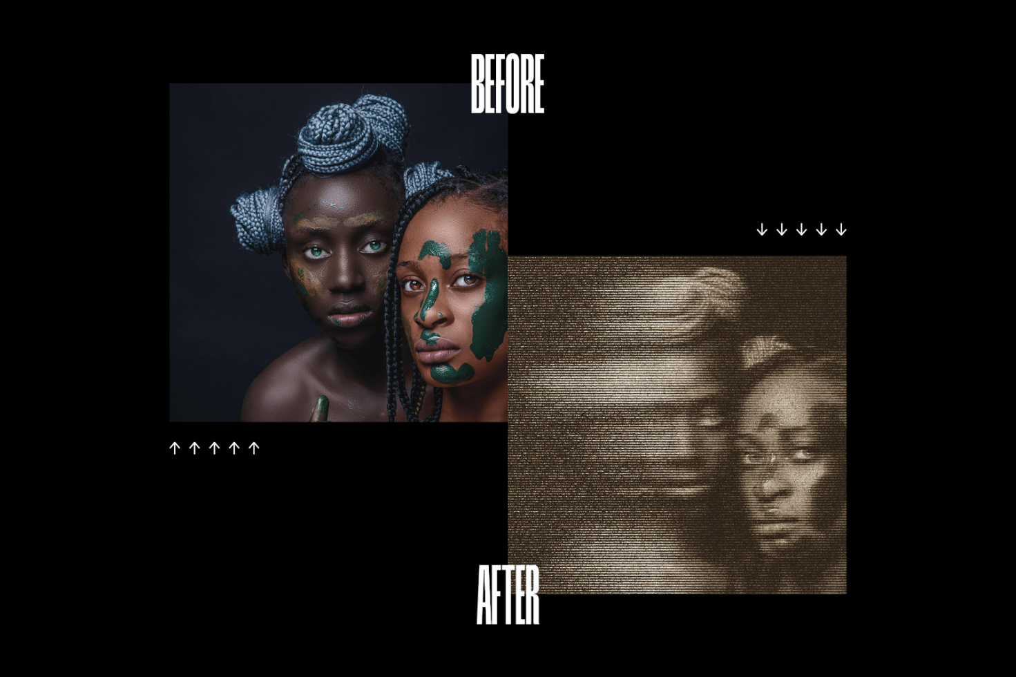 Photo editing before and after showcasing digital graphic design effect on two women with face paint. Suitable for designers, mockups, templates, and graphics