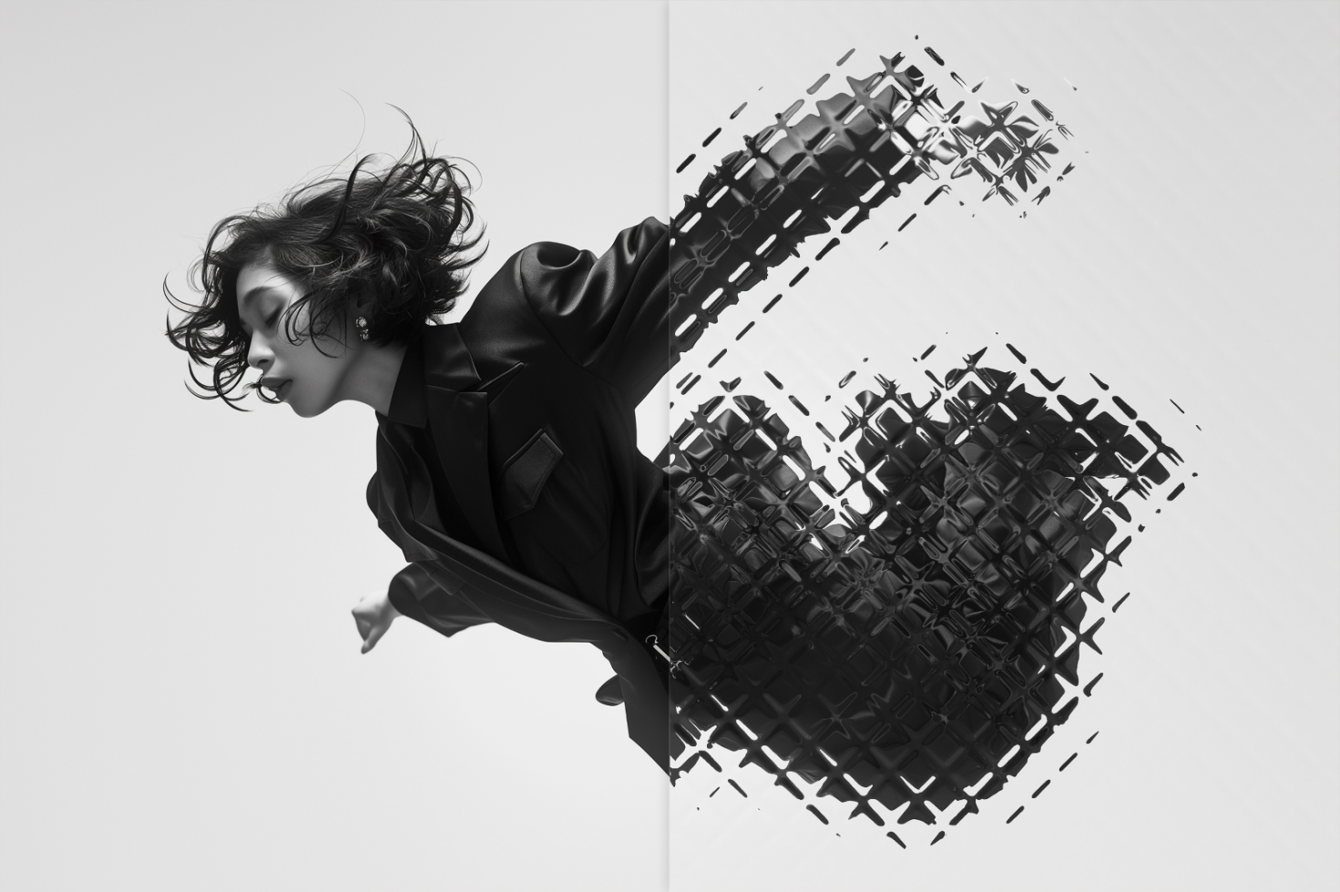 Black and white digital artwork showing a woman in motion, partially pixelated blending into abstract forms. Suitable for graphic designers, art mockups, marketing materials