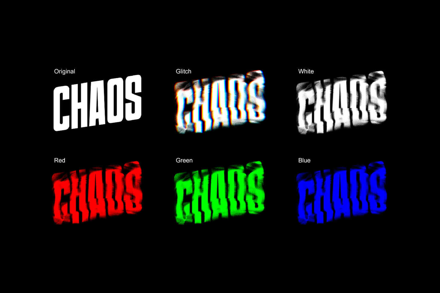 Typography variations including original, glitch, white, red, green, and blue styles of the word chaos. Suitable for designers as text effects templates.