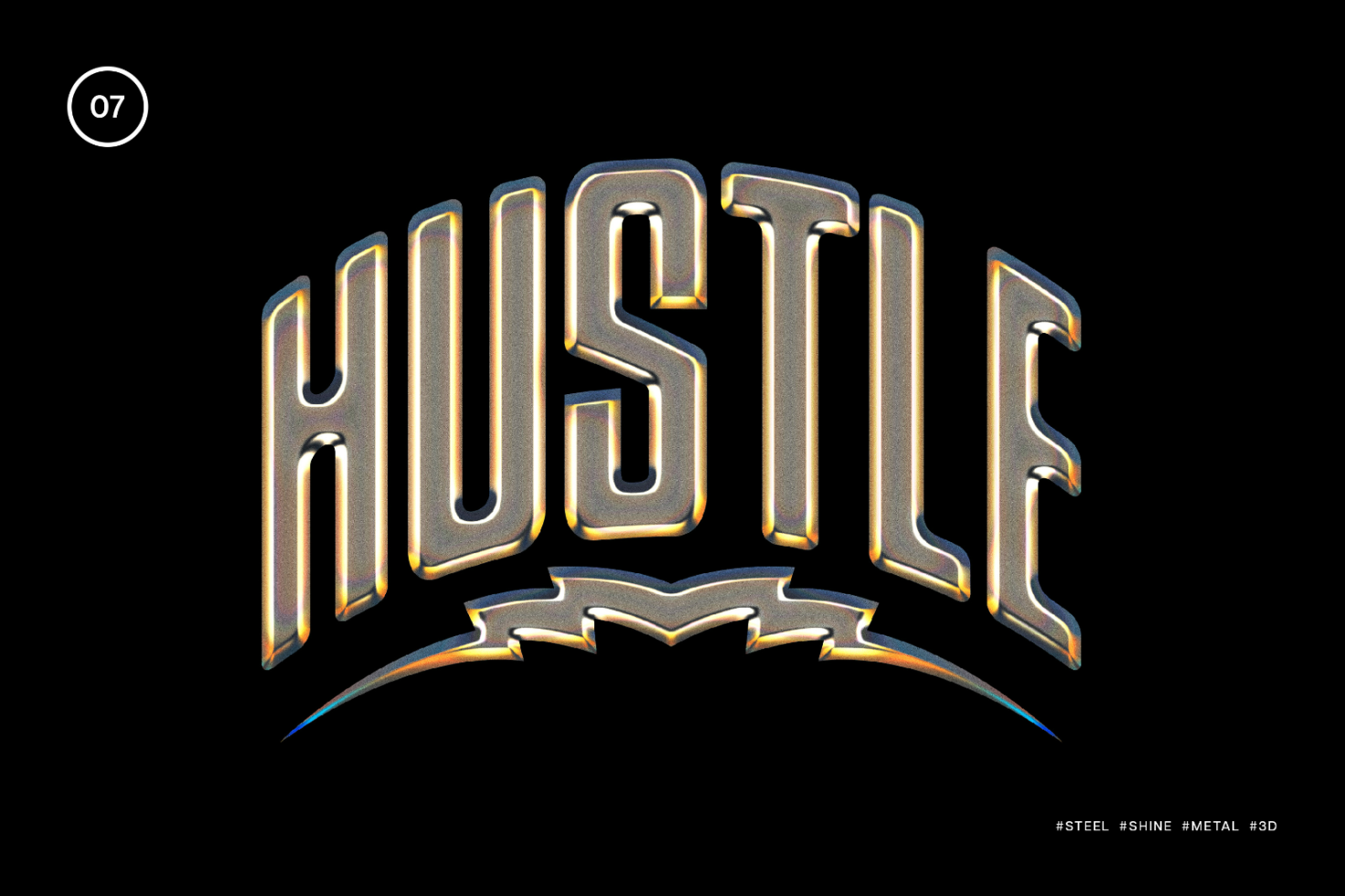 3D metal typography graphic spelling HUSTLE with a shiny steel texture on a black background perfect for designers in need of font assets and text effects.