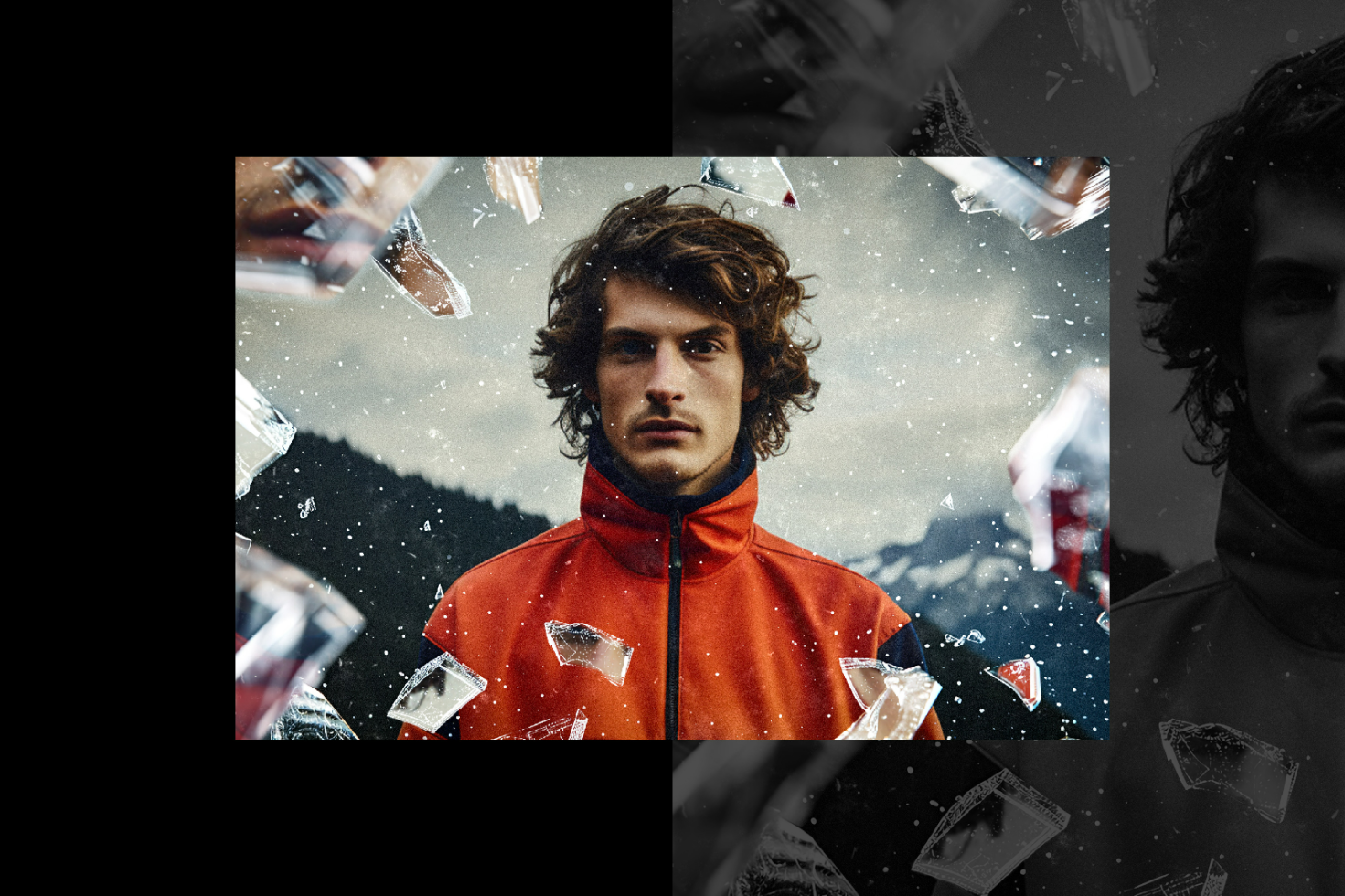 Digital photo mockup of a man in an orange jacket with a snowy mountain background. Includes glass shatter effects for photo manipulation and graphic design.