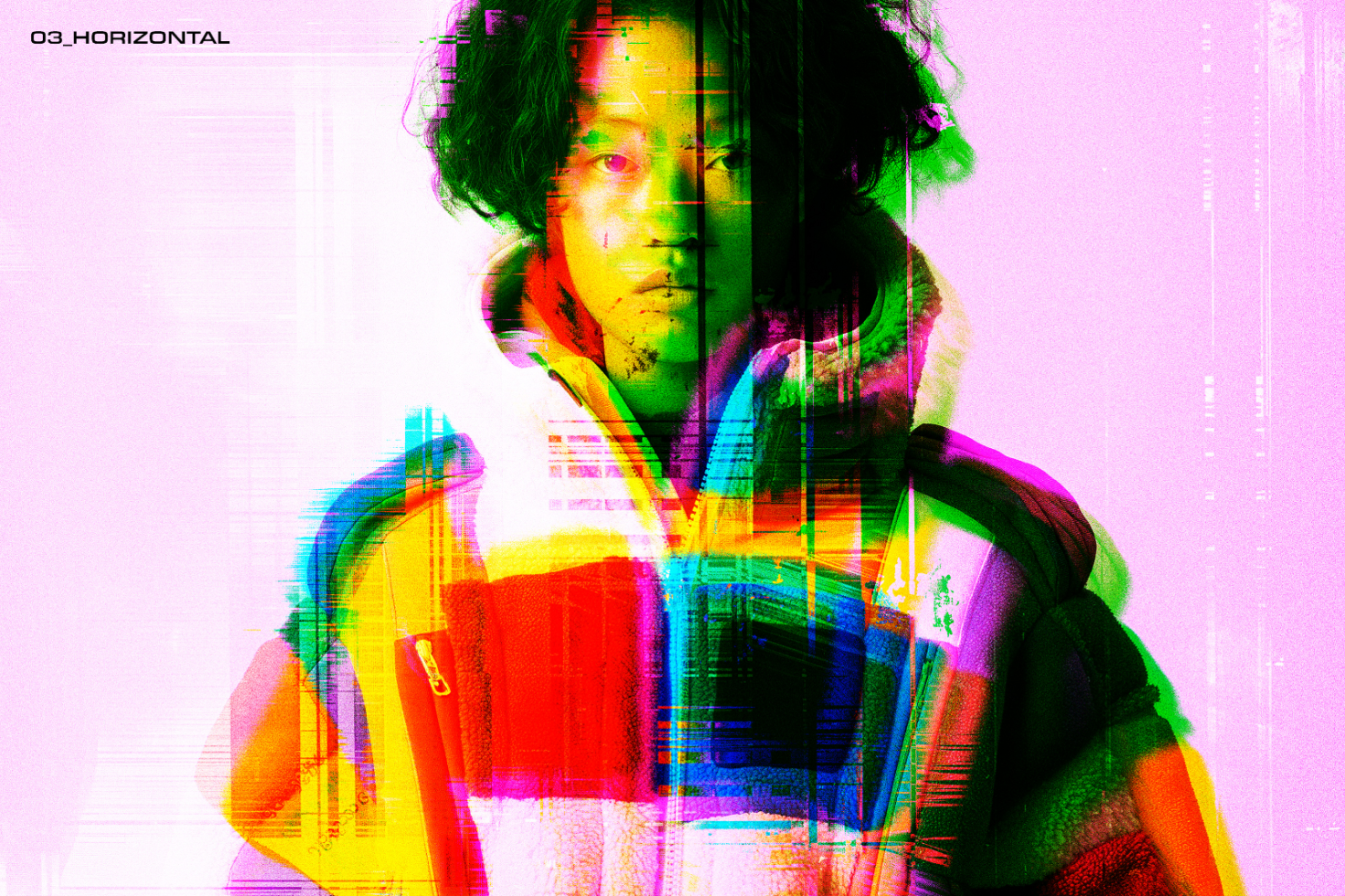 Digital glitch art effect on a portrait of a person wearing colorful clothing, ideal for graphic design projects, posters, album covers, or digital collages.