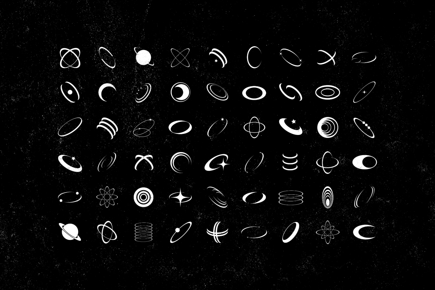 Collection of 60 white space-themed vector icons on a black background. Perfect for digital assets including graphics, templates, mockups, and design projects.