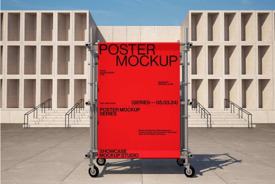 Red poster mockup showcased outdoors in a minimalist architectural setting. Keywords: poster mockup, design asset, digital, minimalist, showcase, template, designer resources.