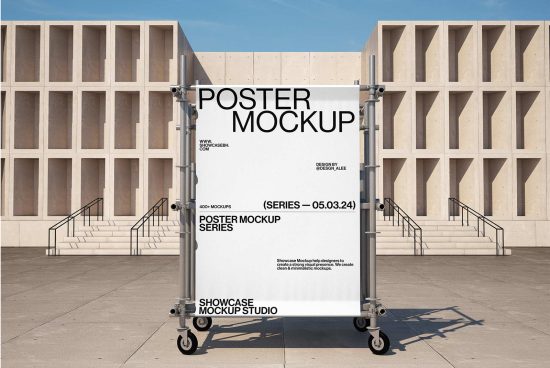 Poster mockup series for designers showing a large white poster on an outdoor scaffold frame in front of a modern minimalist building. Keywords: Mockup, Poster, Design.