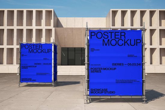 Outdoor poster mockup display in front of modern concrete building, perfect for showcasing design projects, presentations, or advertisements Mockups Design.