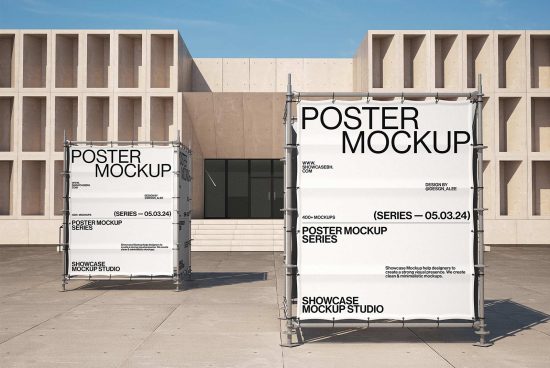 Outdoor poster mockup series displayed on scaffolding structures in front of a modern building backdrop perfect for showcasing minimalist design templates.