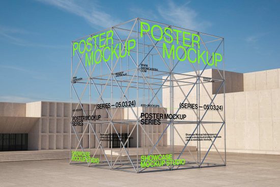 Outdoor structure with futuristic truss design showcasing large poster mockups for digital assets designers. Keywords: poster mockups, outdoor display, graphic design.