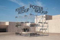 Black text on transparent geometric framework overlooking modernist plaza