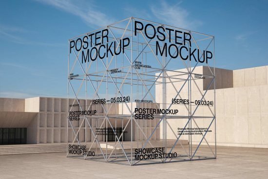 Poster mockup template of a large outdoor metal frame cube for showcasing designs. Ideal for graphic designers seeking realistic mockups for presentation and branding.